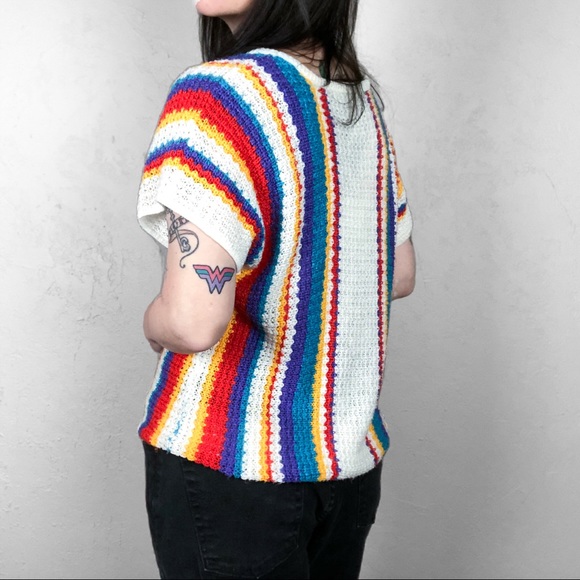 Vintage 1970s Open Knit V-Neck Striped Sweater - Picture 4 of 5